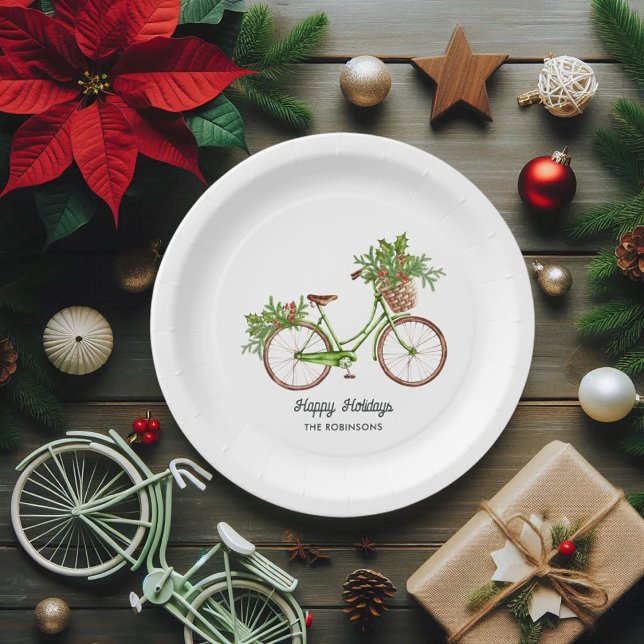 Assiettes En Carton Fête de Noël de Vélo Floral Aquarelle (Watercolor Floral Bicycle Christmas Party Paper Plates)