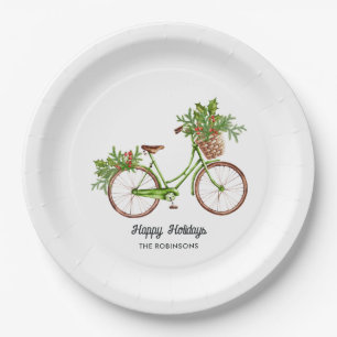 Assiettes En Carton Fête de Noël de Vélo Floral Aquarelle