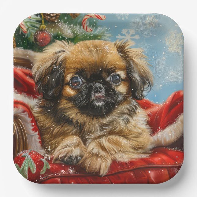 Assiettes En Carton Fête de Noël des chiens de Pékin (Recto)
