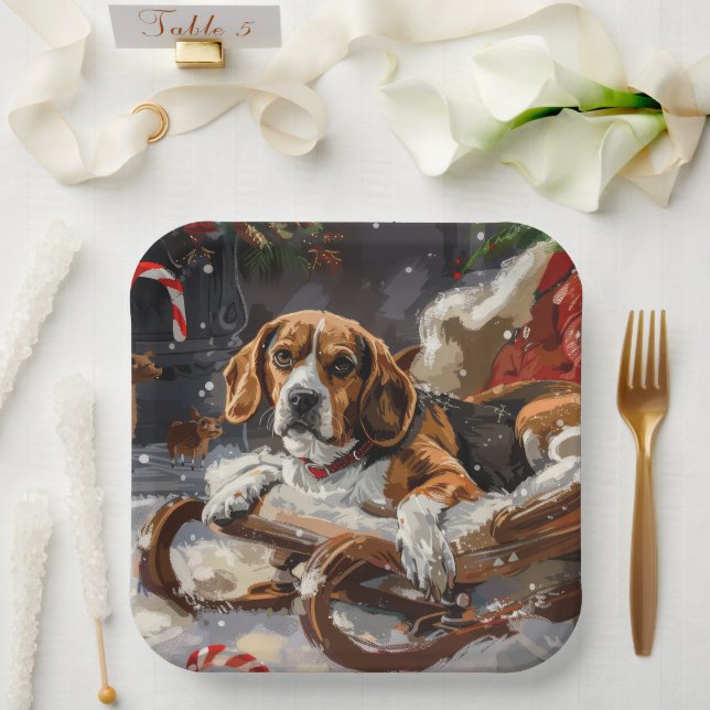 Assiettes En Carton Fête de Noël du chien beagle (Mariage)