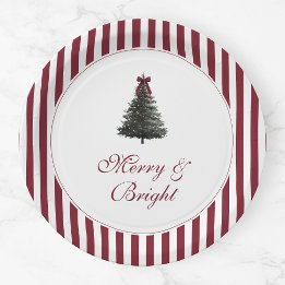 Assiettes En Carton Fête de Noël élégante arbre aquarelle rouge et ver
