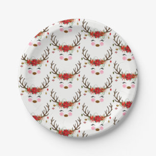 Assiettes En Carton Fête de Noël Moderne Floral Vintage Renne