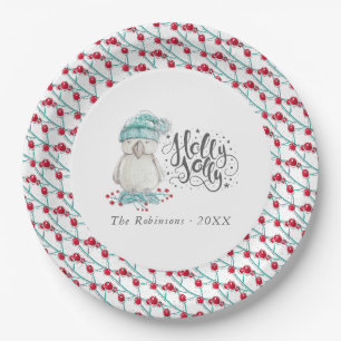 Assiettes En Carton Fête de Noël oiseau d'hiver aquarelle holly jolly