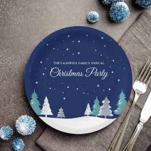 Assiettes En Carton Fête de Noël personnalisée Arbres d'hiver bleu