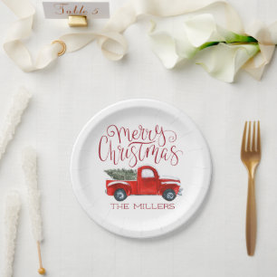 Assiettes En Carton Fête de Noël personnalisée avec camion rouge vinta
