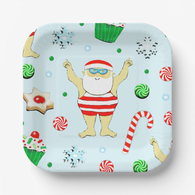 Assiettes En Carton Fête de Noël Plage de natation (Recto)