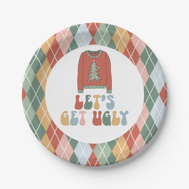 Assiettes En Carton Fête de Noël rétro avec pull moche (Devant)