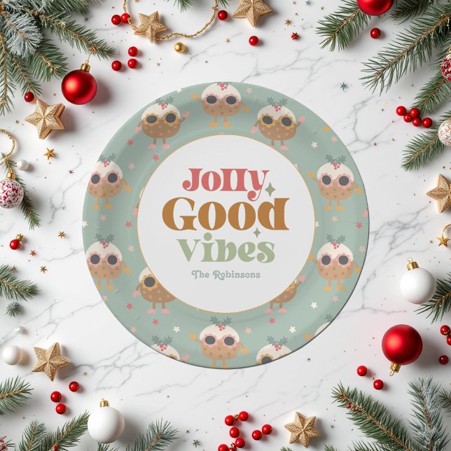 Assiettes En Carton Fête de Noël Retro "Jolly Good Vibes" (Retro "Jolly Good Vibes" Christmas Party Paper Plates)