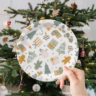 Assiettes En Carton Fête de Noël Verte et Or