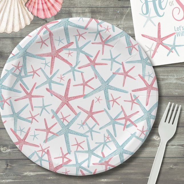 Assiettes En Carton Fête de plage d'été tropical (Teal Pink Coastal Tropical Starfish Summer Beach Paper Plates)
