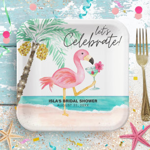 Assiettes En Carton Fête de plage flamant rose Tropical Palmier Enterr