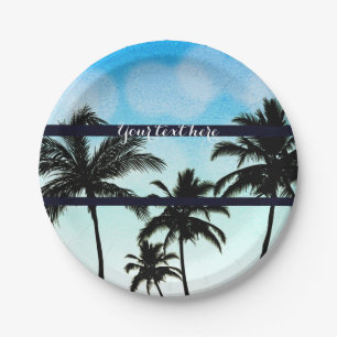 Assiettes En Carton Fête de plage Palmiers Tropical Bleu Nuit Vintage