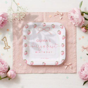 Assiettes En Carton Fête de premier anniversaire fraise, fille douce c