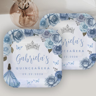 Assiettes En Carton Fête de Quinceañera aux Fleurs Bleu Argent