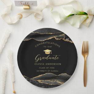 Assiettes En Carton Fête de remise de diplômes élégante noire et dorée