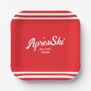 Assiettes En Carton Fête de Résort de Ski Personnalisée Rouge Vintage