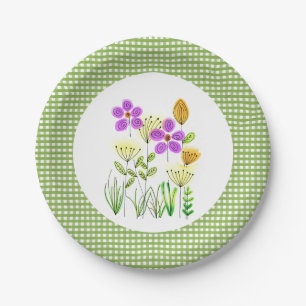 Assiettes En Carton Fête de style campagnard à carreaux verts et fleur