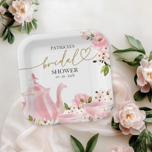 Assiettes En Carton Fête de thé de mariage floral en rose doré
