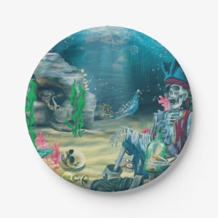 Assiettes En Carton Fête de trésor de squelette de pirate sous la mer