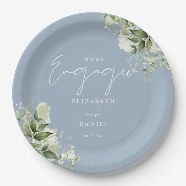 Assiettes En Carton Fête d'engagement Floral Dusty Blue (Devant)