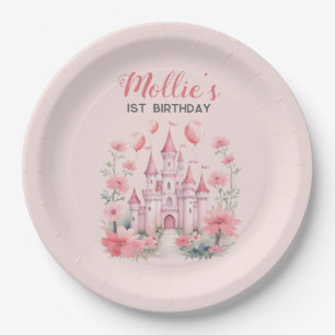 Assiettes En Carton Fête des 1 an de petites filles Château rose Princ