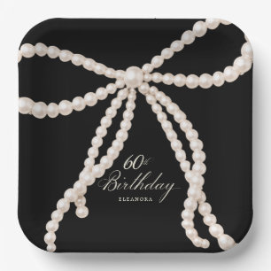 Assiettes En Carton Fête des 60 ans élégante noir blanc perle nœud