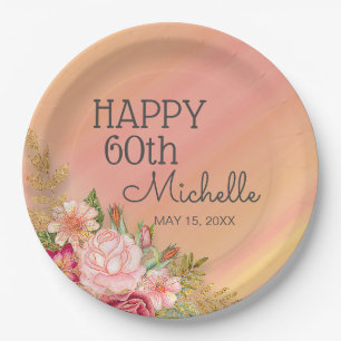 Assiettes En Carton Fête des 60 ans Fleurs roses et rouges Jardin
