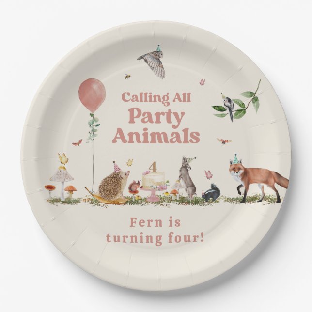 Assiettes En Carton Fête des bois Animaux rose fête d'anniversaire (Devant)