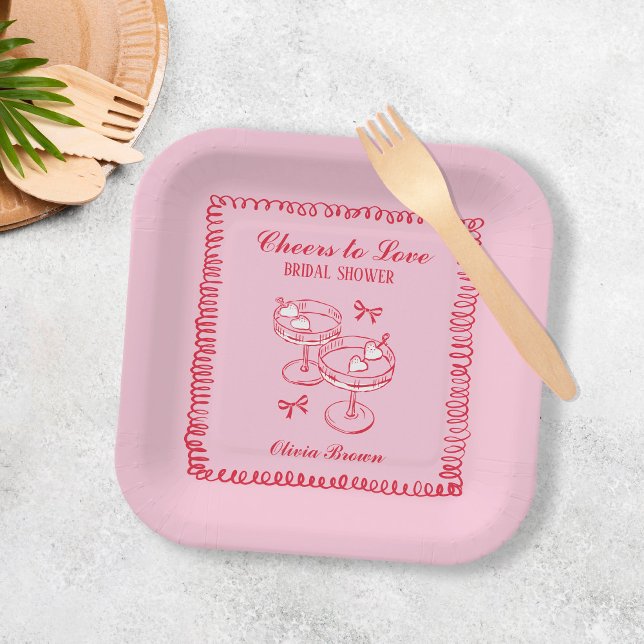 Assiettes En Carton Fête des mariées à main rose et rouge rétro (Créateur téléchargé)