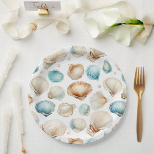 Assiettes En Carton Fête des mariées Aqua Cream Beach Shells