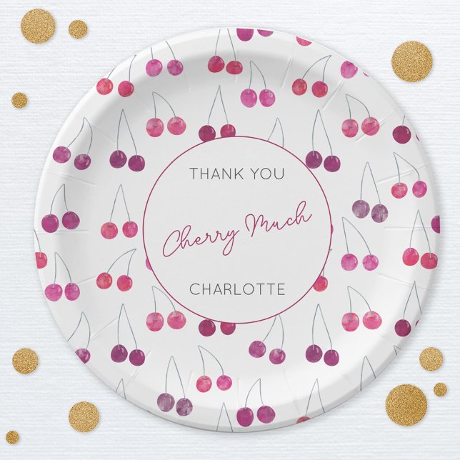 Assiettes En Carton Fête des mariées d'aquarelle cerise personnalisée (Watercolor cherry pattern personalized custom text thank you cherry much party paper plate)