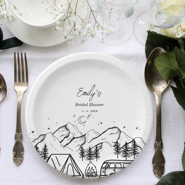 Assiettes En Carton Fête des mariées de camping noir et blanc (Créateur téléchargé)