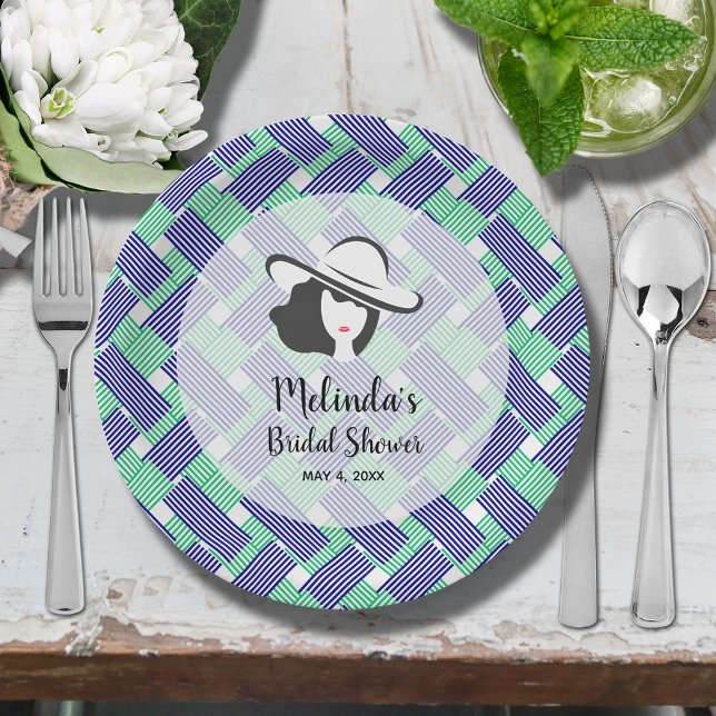 Assiettes En Carton Fête des mariées de Lady Big Casquette Derby (Big Derby hat lady on blue and green diagonal stripes bridal shower paper plates)