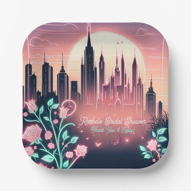 Assiettes En Carton Fête des mariées de néon futuriste Rose électrique (Recto)