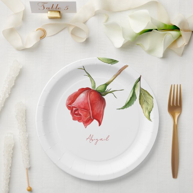 Assiettes En Carton Fête des mariées de nom personnalisée Red Rose Ste (Mariage)
