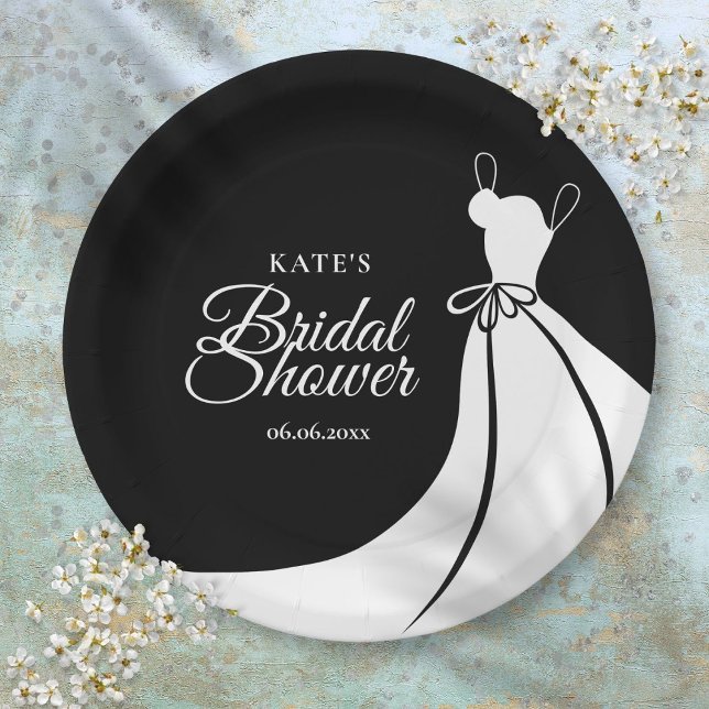 Assiettes En Carton Fête des mariées Elegant noir et blanc (Black and White Elegant Gown Bridal Shower Paper Plates)