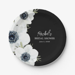 Assiettes En Carton Fête des mariées Fleurs noires et blanches