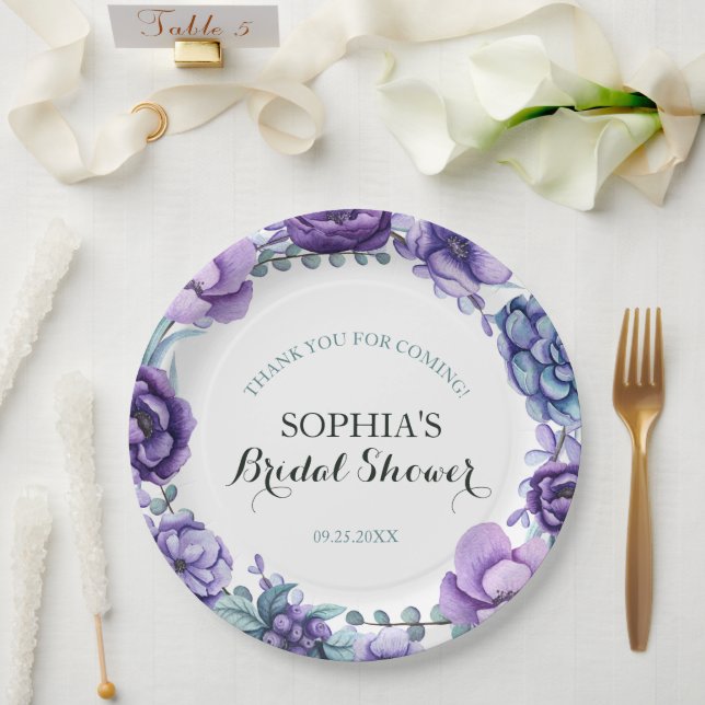 Assiettes En Carton Fête des mariées florale chic violet (Mariage)