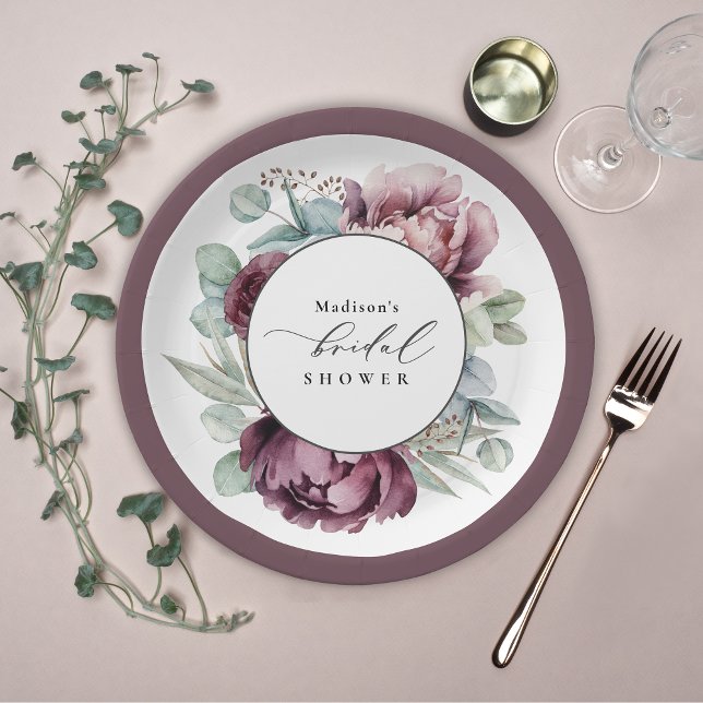 Assiettes En Carton Fête des mariées florale de Bourgogne rustique et  (Pretty paper plates for your bridal shower to personalize with the bride's name.)
