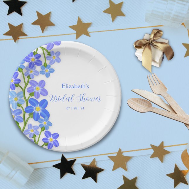 Assiettes En Carton Fête des mariées Florale Violet Bleu Oublié-Moi-No (Blue Purple Floral Forget-Me-Nots Bridal Shower Paper Plates)
