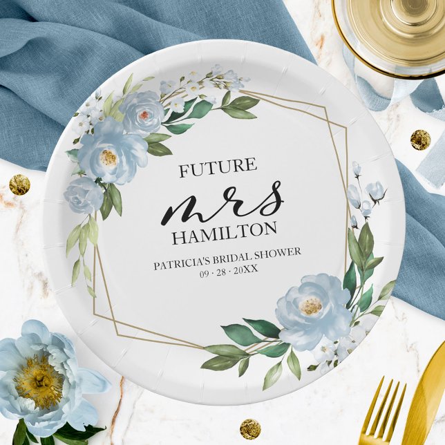 Assiettes En Carton Fête des mariées géométrique bleu-bleu floral (Créateur téléchargé)