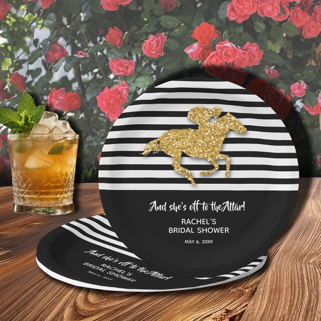 Assiettes En Carton Fête des mariées Gold Racehorse (Off to the Altar! Gold racehorse on black and white stripes Derby-themed bridal shower paper plates)