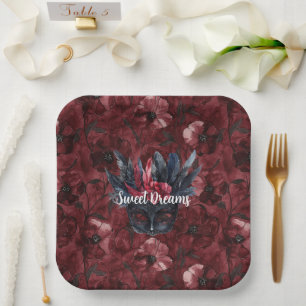 Assiettes En Carton Fête des mariées Masque noir Bourgogne rouge plume