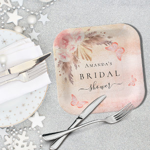 Assiettes En Carton Fête des mariées pampas herbe papillons fleuris ro