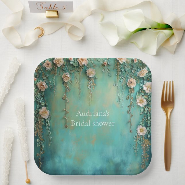 Assiettes En Carton Fête des mariées Romantique Turquoise rose pâle Fl (Mariage)