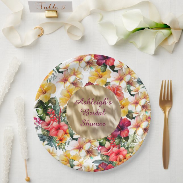 Assiettes En Carton Fête des mariées Tropical Rouge Jaune Hibiscus Fle (Mariage)