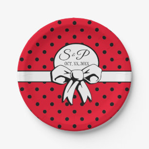 Assiettes En Carton Fête des mariées vintage Pois et vaches Noir rouge