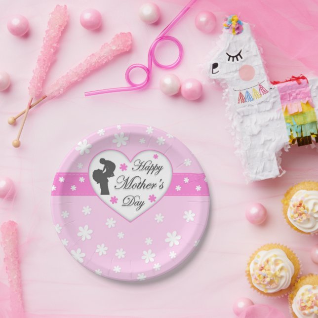 Assiettes En Carton Fête des mères maman et bébé rose (Fête)