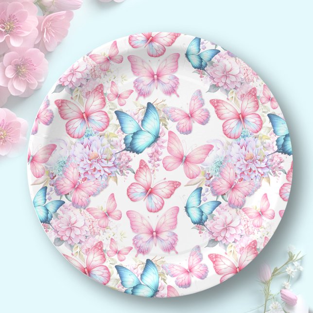 Assiettes En Carton Fête d'été Papillon rose violet bleu (Butterfly Pink Purple Blue Summer Party Paper Plates)