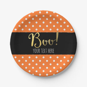 Assiettes En Carton Fête d'Halloween à pois orange et blanc